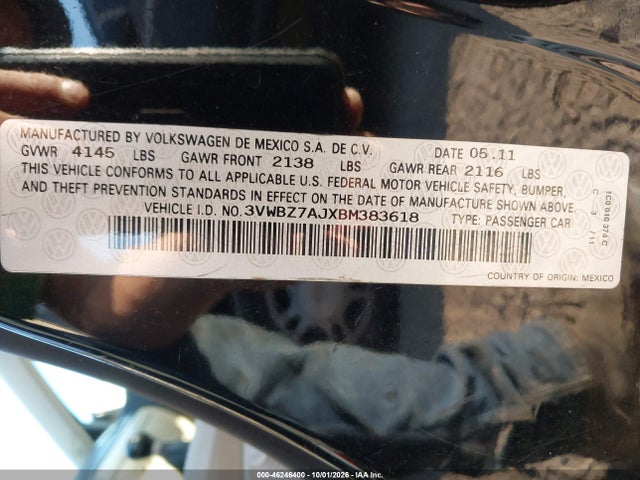 2011 Volkswagen Jetta 2.5l Se მანქანა იყიდება აუქციონზე, vin: 3VWBZ7AJXBM383618, აუქციონის ნომერი: 46246400