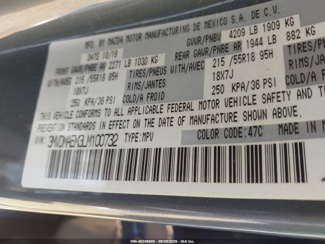 46246405 :رقم المزاد ، 3MVDMAEM3LM100732 vin ، 2020 Mazda Cx-30 Premium Package مزاد بيع