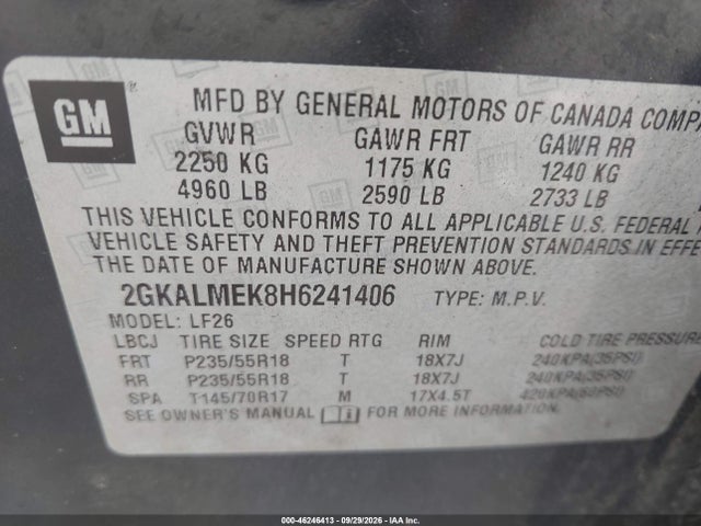 Aukcja sprzedaży 2017 Gmc Terrain Sle-1, vin: 2GKALMEK8H6241406, numer aukcji: 46246413