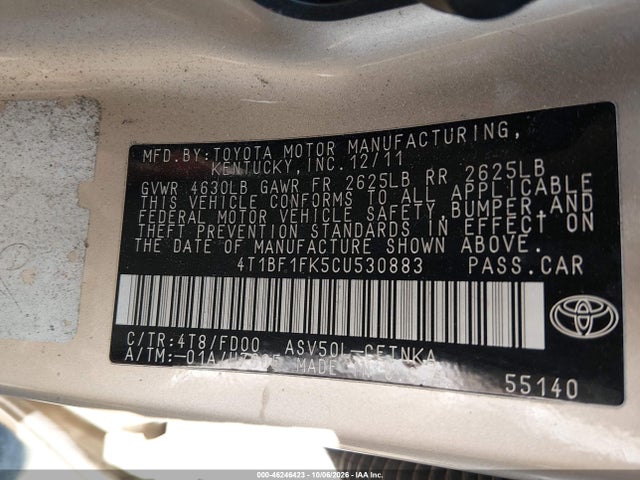 Продаж на аукціоні авто 2012 Toyota Camry Le, vin: 4T1BF1FK5CU530883, номер лоту: 46246423