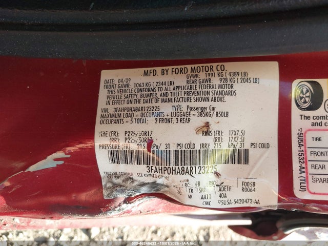 46246433 :رقم المزاد ، 3FAHP0HA8AR123225 vin ، 2010 Ford Fusion Se مزاد بيع