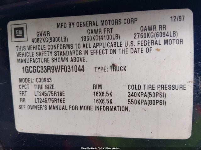 Auction sale of the 1998 Chevrolet C3500, vin: 1GCGC33R9WF031044, lot number: 46246446