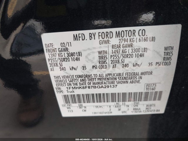 46246458 :رقم المزاد ، 1FMHK8F87BGA29137 vin ، 2011 Ford Explorer Limited مزاد بيع
