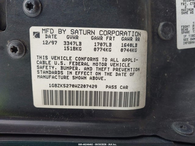1998 Saturn Sl2 მანქანა იყიდება აუქციონზე, vin: 1G8ZK5270WZ207429, აუქციონის ნომერი: 46246462