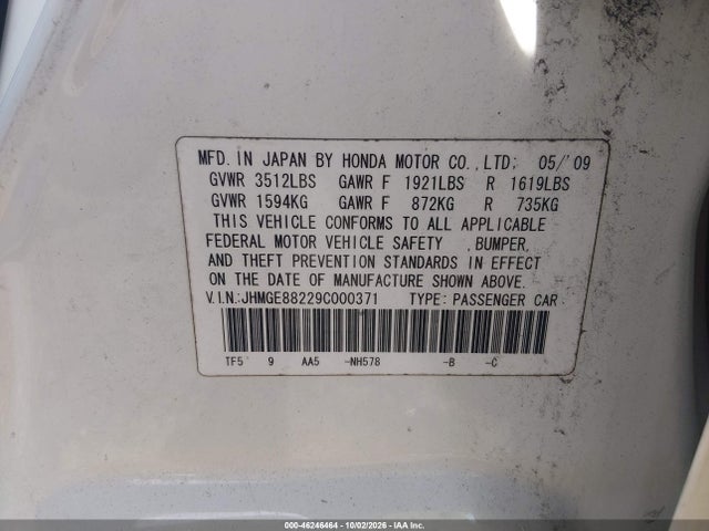 46246464 :رقم المزاد ، JHMGE88229C000371 vin ، 2009 Honda Fit مزاد بيع