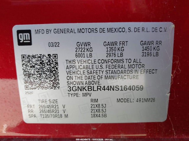 Aukcja sprzedaży 2022 Chevrolet Blazer Awd Premier, vin: 3GNKBLR44NS164059, numer aukcji: 46246475