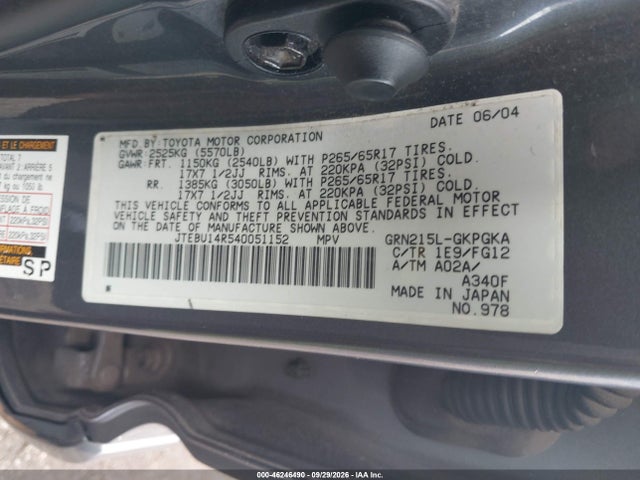 Aukcja sprzedaży 2004 Toyota 4runner Sr5 V6, vin: JTEBU14R540051152, numer aukcji: 46246490