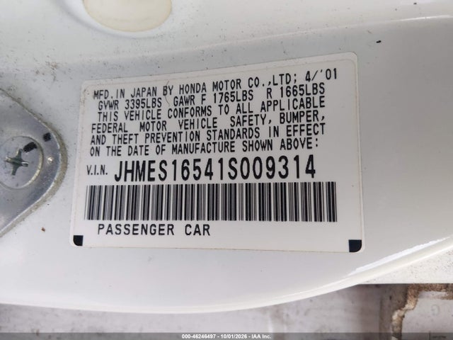 46246497 :رقم المزاد ، JHMES16541S009314 vin ، 2001 Honda Civic Lx مزاد بيع