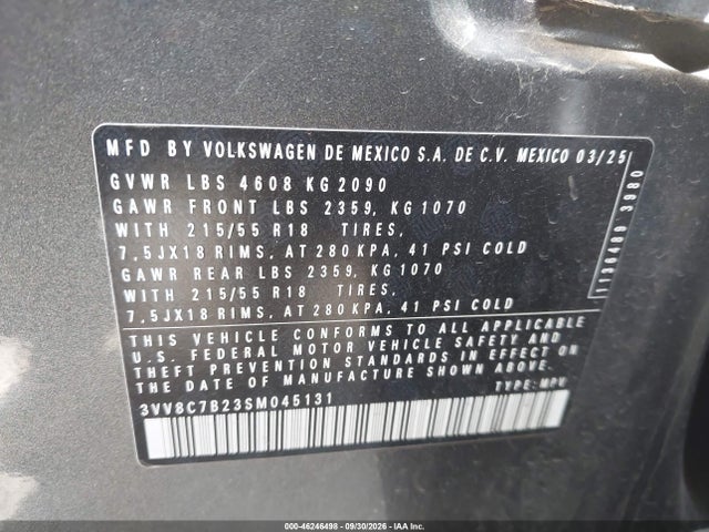 2025 Volkswagen Taos 1.5t S მანქანა იყიდება აუქციონზე, vin: 3VV8C7B23SM045131, აუქციონის ნომერი: 46246498