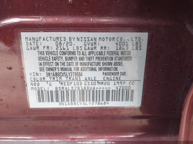 46246499 :رقم المزاد ، 3N1AB8CV5LY278684 vin ، 2020 Nissan Sentra Sv Xtronic Cvt مزاد بيع