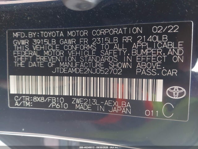 Продажа на аукционе авто 2022 Toyota Corolla Hybrid Le, vin: JTDEAMDE2NJ052702, номер лота: 46246513