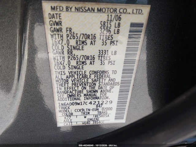 Aukcja sprzedaży 2007 Nissan Frontier Se, vin: 1N6AD09W17C421229, numer aukcji: 46246540