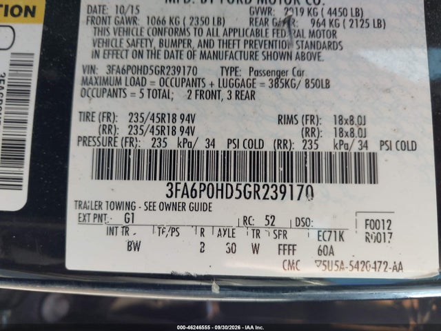 Продажа на аукционе авто 2016 Ford Fusion Se, vin: 3FA6P0HD5GR239170, номер лота: 46246555