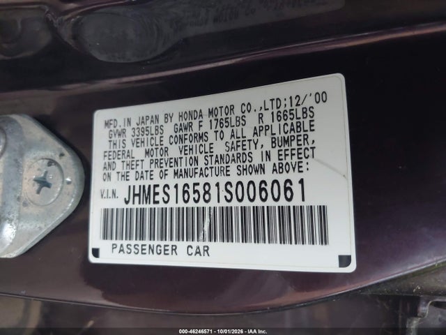 46246571 :رقم المزاد ، JHMES16581S006061 vin ، 2001 Honda Civic Lx مزاد بيع