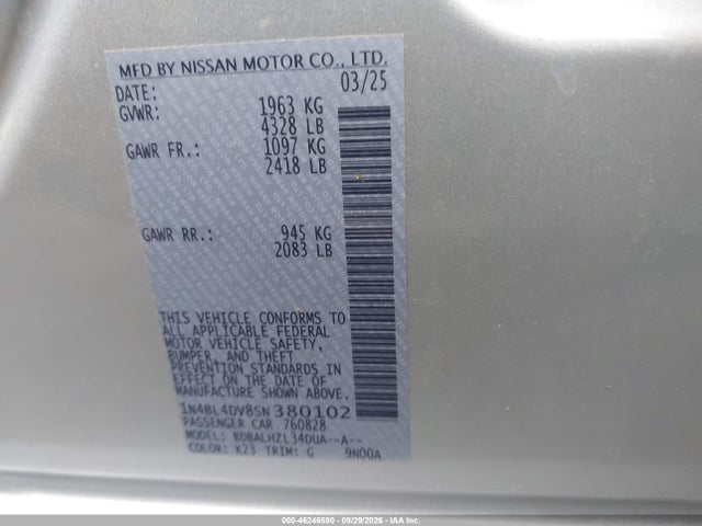 46246590 :رقم المزاد ، 1N4BL4DV8SN380102 vin ، 2025 Nissan Altima Sv Fwd مزاد بيع