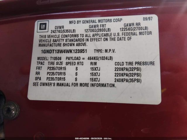 Aukcja sprzedaży 1998 Chevrolet Blazer Ls, vin: 1GNDT13W4WK123951, numer aukcji: 46246596