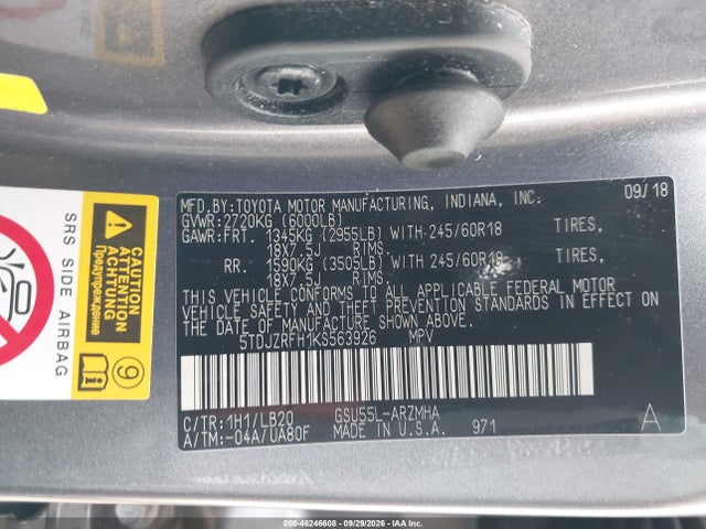2019 Toyota Highlander Xle მანქანა იყიდება აუქციონზე, vin: 5TDJZRFH1KS563926, აუქციონის ნომერი: 46246608