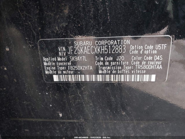 Aukcja sprzedaży 2019 Subaru Forester Premium, vin: JF2SKAECXKH512883, numer aukcji: 46246609