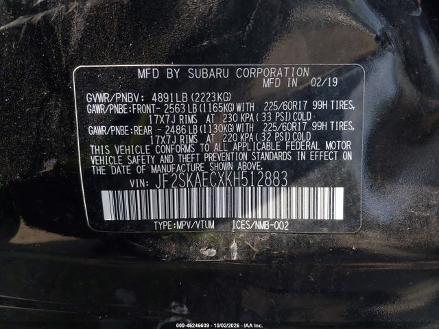 Aukcja sprzedaży 2019 Subaru Forester Premium, vin: JF2SKAECXKH512883, numer aukcji: 46246609