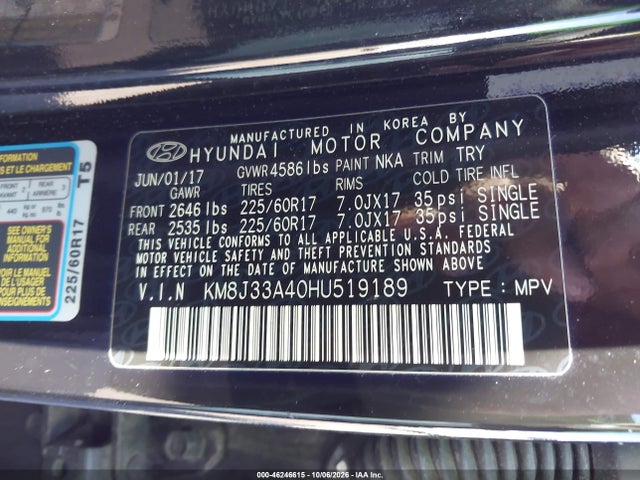 Aukcja sprzedaży 2017 Hyundai Tucson Se, vin: KM8J33A40HU519189, numer aukcji: 46246615
