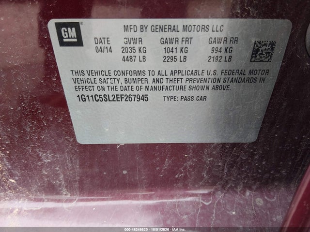 Продаж на аукціоні авто 2014 Chevrolet Malibu 1lt, vin: 1G11C5SL2EF267945, номер лоту: 46246620