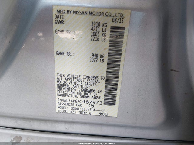 2015 Nissan Altima 2.5 S მანქანა იყიდება აუქციონზე, vin: 1N4AL3AP6FC487971, აუქციონის ნომერი: 46246642