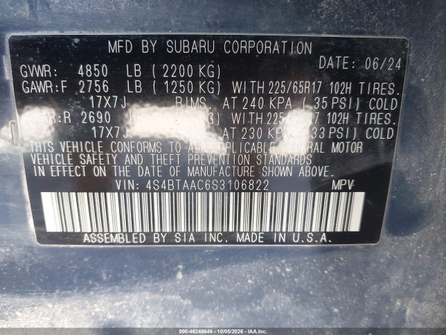 Aukcja sprzedaży 2025 Subaru Outback, vin: 4S4BTAAC6S3106822, numer aukcji: 46246646