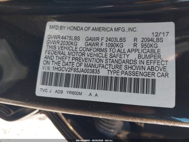 Aukcja sprzedaży 2018 Honda Accord Ex-l 2.0t, vin: 1HGCV2F65JA003835, numer aukcji: 46246653