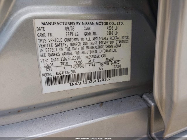 Продаж на аукціоні авто 2006 Nissan Altima 2.5 S, vin: 1N4AL11D26C120107, номер лоту: 46246664