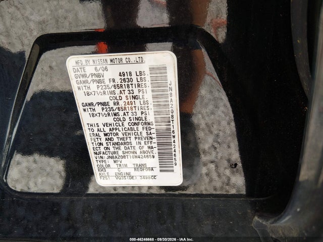 Aukcja sprzedaży 2006 Nissan Murano Sl, vin: JN8AZ08T16W424659, numer aukcji: 46246668