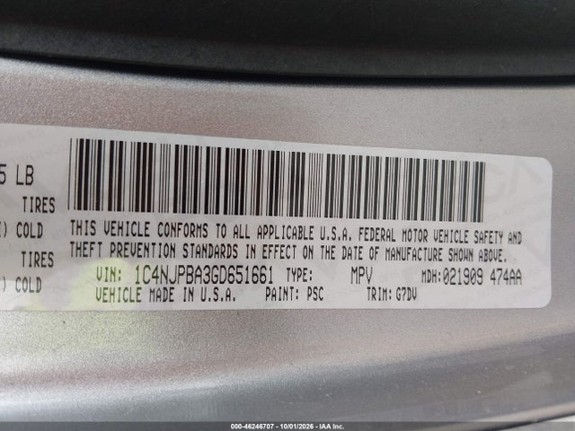 2016 Jeep Patriot Sport Se მანქანა იყიდება აუქციონზე, vin: 1C4NJPBA3GD651661, აუქციონის ნომერი: 46246707