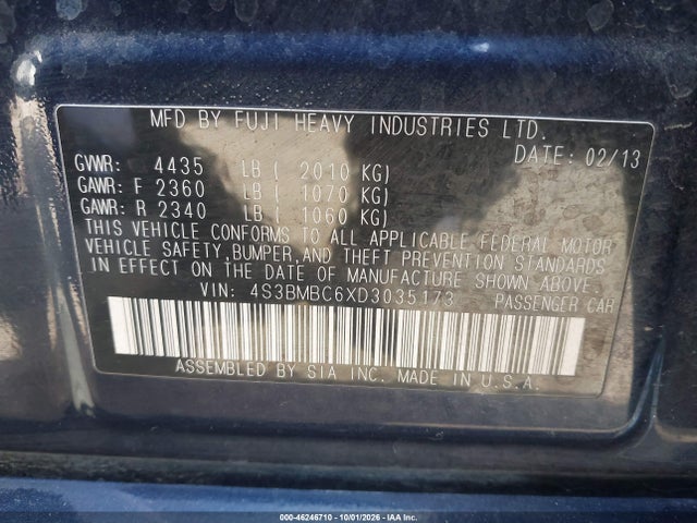 Aukcja sprzedaży 2013 Subaru Legacy 2.5i Premium, vin: 4S3BMBC6XD3035173, numer aukcji: 46246710