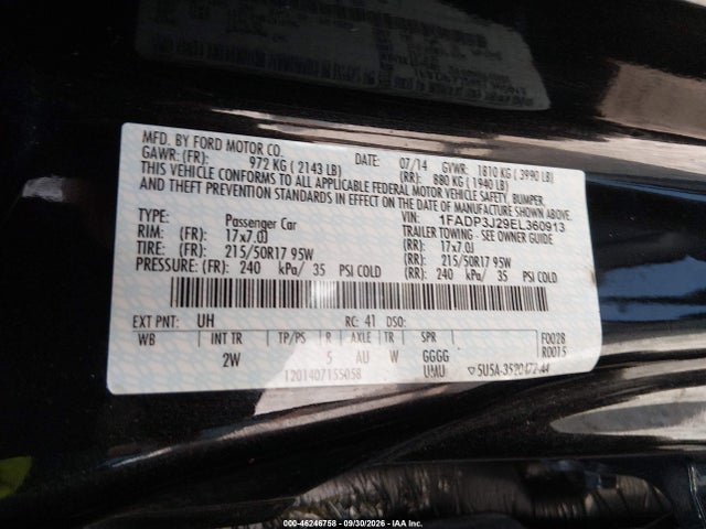 2014 Ford Focus Titanium მანქანა იყიდება აუქციონზე, vin: 1FADP3J29EL360913, აუქციონის ნომერი: 46246758