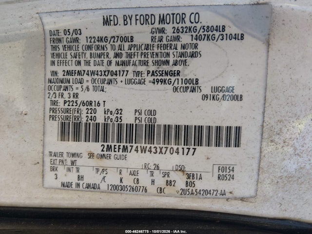 Aukcja sprzedaży 2003 Mercury Grand Marquis Gs, vin: 2MEFM74W43X704177, numer aukcji: 46246775
