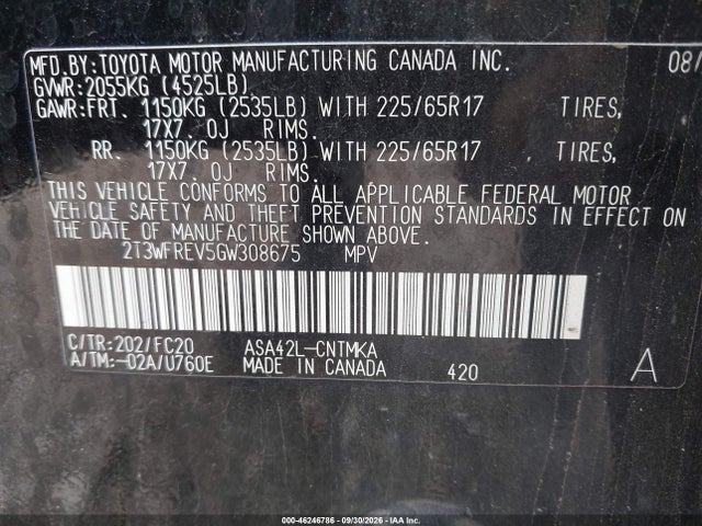 Продажа на аукционе авто 2016 Toyota Rav4 Xle, vin: 2T3WFREV5GW308675, номер лота: 46246786