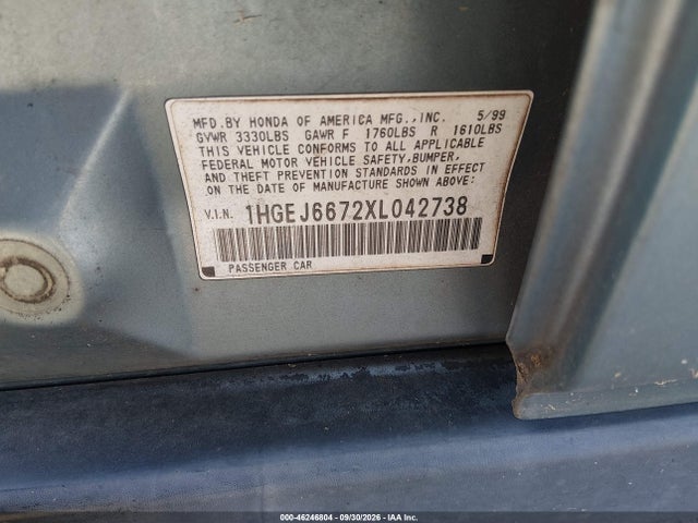 1999 Honda Civic Lx მანქანა იყიდება აუქციონზე, vin: 1HGEJ6672XL042738, აუქციონის ნომერი: 46246804
