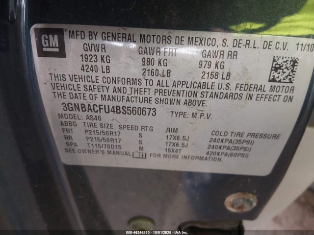 46246810 :رقم المزاد ، 3GNBACFU4BS560673 vin ، 2011 Chevrolet Hhr Lt مزاد بيع