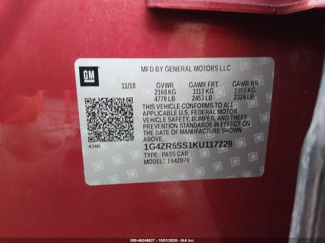 46246827 :رقم المزاد ، 1G4ZR5SS1KU117229 vin ، 2019 Buick Lacrosse Awd Essence مزاد بيع