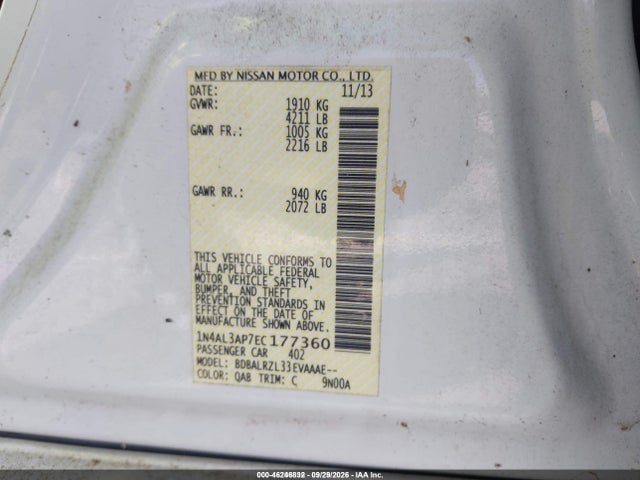 2014 Nissan Altima 2.5 S მანქანა იყიდება აუქციონზე, vin: 1N4AL3AP7EC177360, აუქციონის ნომერი: 46246832