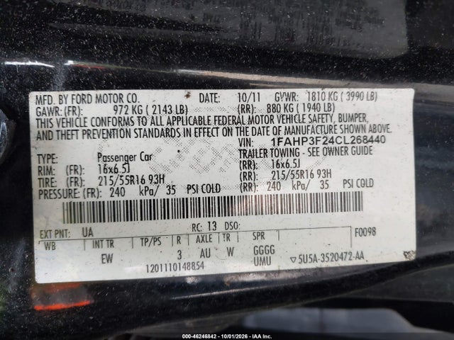 46246842 :رقم المزاد ، 1FAHP3F24CL268440 vin ، 2012 Ford Focus Se مزاد بيع
