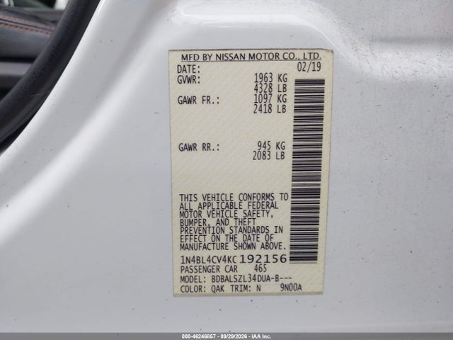 Продажа на аукционе авто 2019 Nissan Altima 2.5 Sr, vin: 1N4BL4CV4KC192156, номер лота: 46246857