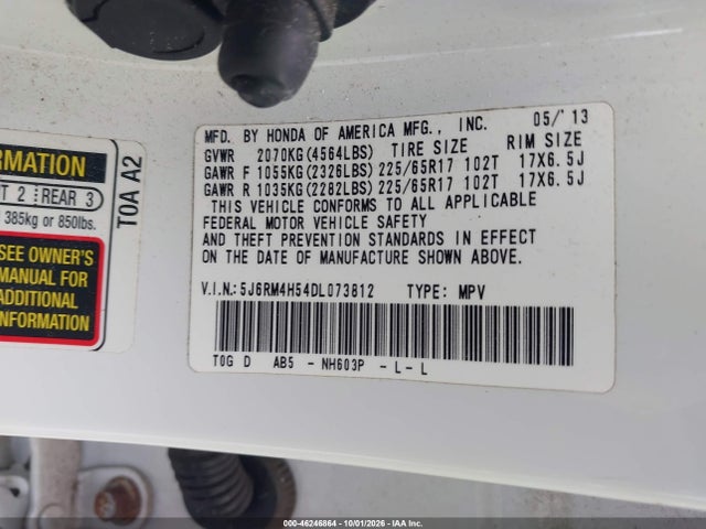 2013 Honda Cr-v Ex მანქანა იყიდება აუქციონზე, vin: 5J6RM4H54DL073812, აუქციონის ნომერი: 46246864