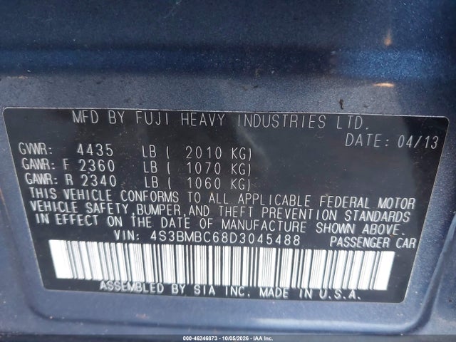 Продаж на аукціоні авто 2013 Subaru Legacy 2.5i Premium, vin: 4S3BMBC68D3045488, номер лоту: 46246873