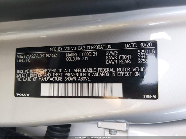 46246876 :رقم المزاد ، YV1A22VL9M1162362 vin ، 2021 Volvo V90 T6 Inscription مزاد بيع
