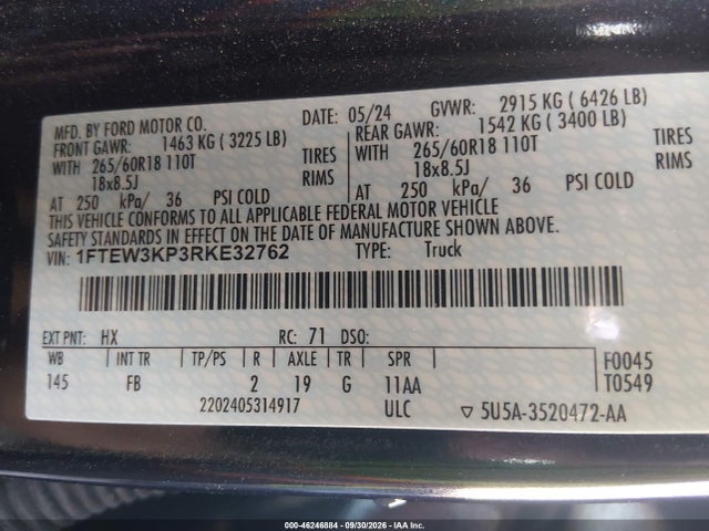 2024 Ford F-150 Xlt მანქანა იყიდება აუქციონზე, vin: 1FTEW3KP3RKE32762, აუქციონის ნომერი: 46246884
