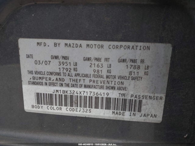 Продаж на аукціоні авто 2007 Mazda Mazda3 S Touring, vin: JM1BK324X71736419, номер лоту: 46246910