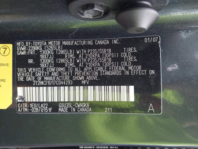 46246915 :رقم المزاد ، 2T2HK31U17C044293 vin ، 2007 Lexus Rx 350 مزاد بيع