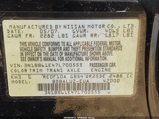 Aukcja sprzedaży 2007 Nissan Sentra Se-r, vin: 3N1BB61E47L700555, numer aukcji: 46246918