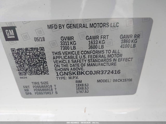 Aukcja sprzedaży 2018 Chevrolet Tahoe Lt, vin: 1GNSKBKC0JR372416, numer aukcji: 46246922