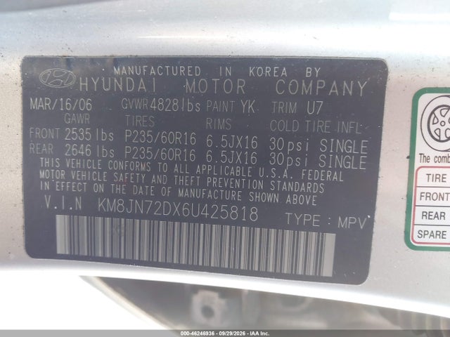 Продаж на аукціоні авто 2006 Hyundai Tucson Gls/limited, vin: KM8JN72DX6U425818, номер лоту: 46246936